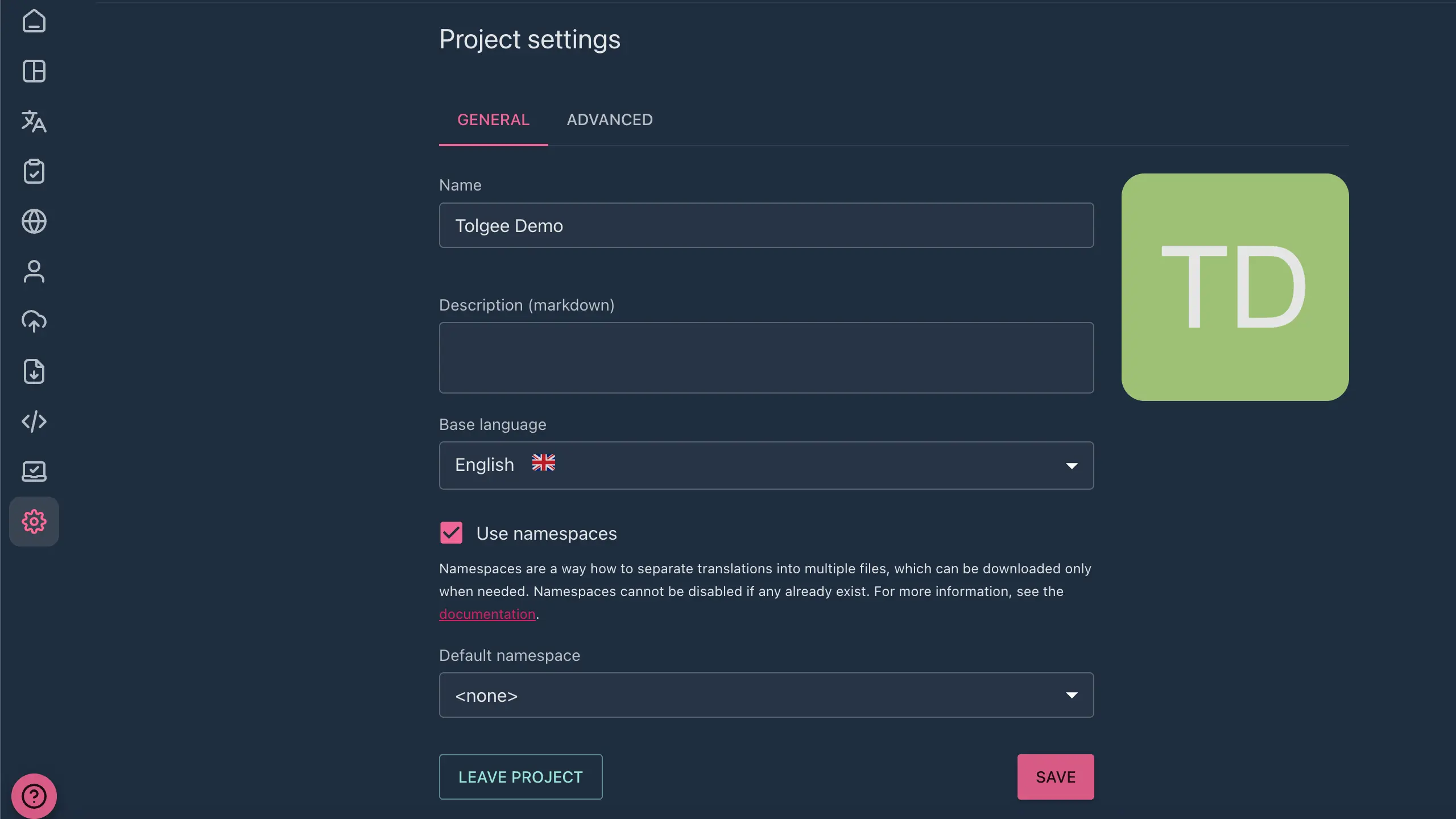 Tolgee Project Settings